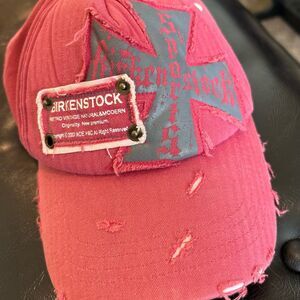 Birkenstock Sports Pink Distressed Cap with Logo Patch, Retro Vintage OS